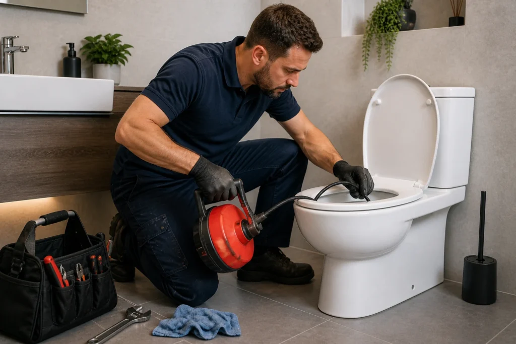 Loodgieter ontstopt toilet met ontstoppingsveer in moderne badkamer