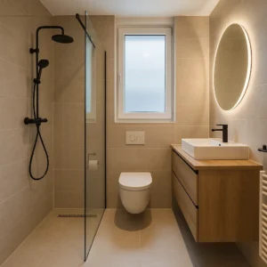 Moderne badkamer met inloopdouche, glazen wand en houten wastafelmeubel