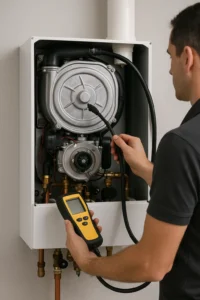 Technicus voert cv-ketelonderhoud uit met rookgasafvoercontrole en digitale analyzer.
