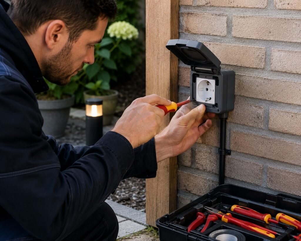 Elektricien plaatst een spatwaterdicht buitenstopcontact met beschermklep aan een stenen buitenmuur in Breda.