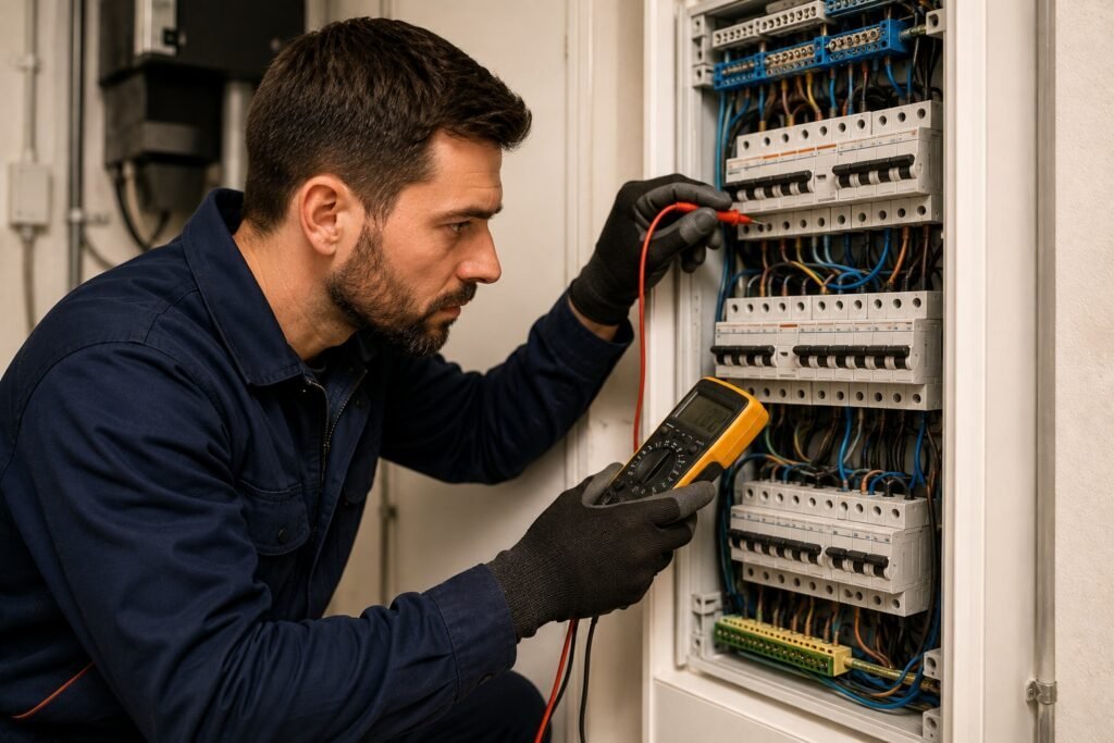 Elektricien voert Elektricien Breda werkzaamheden uit aan een lichtschakelaar en controleert de bedrading veilig in een moderne woning.