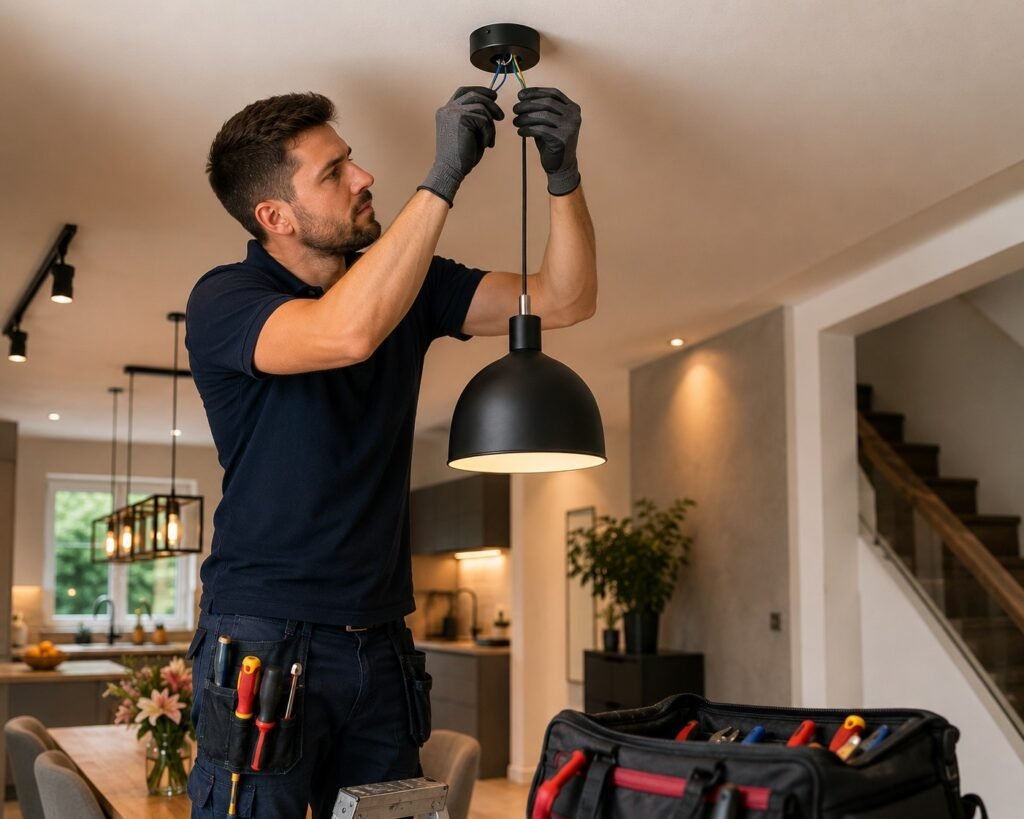 Elektricien Breda installeert een moderne hanglamp en sluit nieuwe verlichting veilig aan in een woning voor een nette en betrouwbare elektrische installatie.