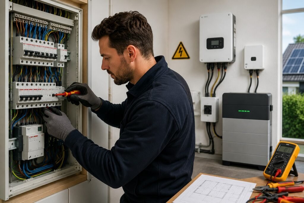 Elektricien controleert een groepenkast voor zonnepanelen en een thuisbatterij tijdens een professionele elektricien Breda service.