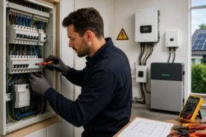 Elektricien controleert een groepenkast voor zonnepanelen en een thuisbatterij tijdens een professionele elektricien Breda service.