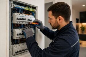 Professionele elektricien Breda controleert een groepenkast voor het veilig aanleggen van een extra stroomgroep.
