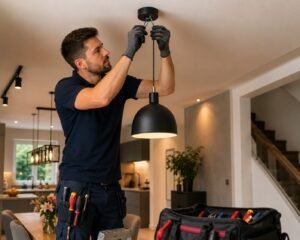 Elektricien Breda installeert een moderne hanglamp en sluit nieuwe verlichting veilig aan in een woning voor een nette en betrouwbare elektrische installatie.