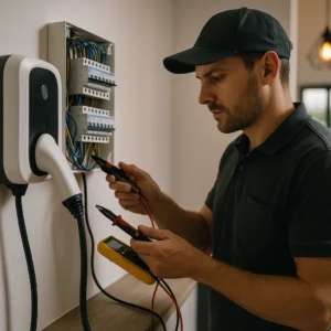 elektricien controleert meterkast en laadpaal met meetapparatuur