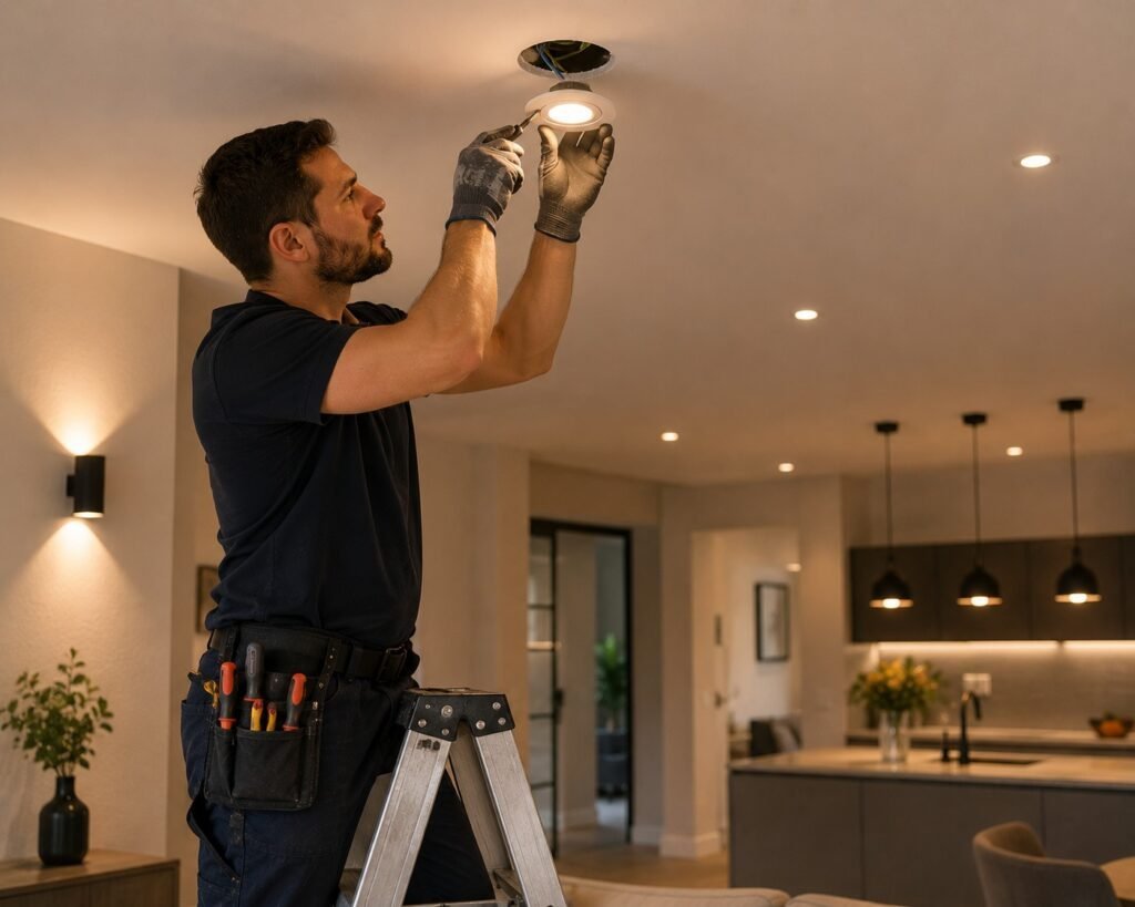 Elektricien installeert moderne inbouwspots in een woonkamer met open keuken en gecontroleerde elektrische aansluiting.