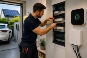 Elektricien controleert een moderne groepenkast in een woning die is voorbereid op elektrisch wonen met slimme energievoorzieningen.