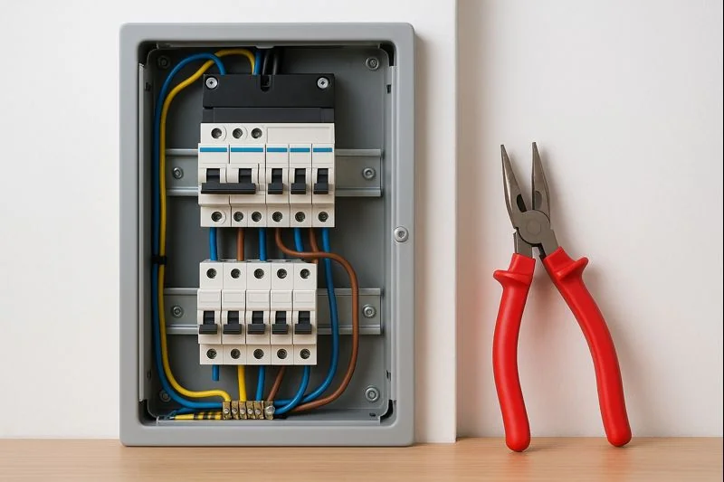 Open meterkast met moderne installatieautomaten en bedrading, gefotografeerd tijdens onderhoud aan de elektrische installatie.