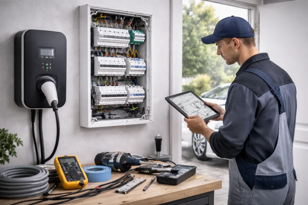 Elektricien controleert groepenkast en laadpaal met meetapparatuur in moderne woning