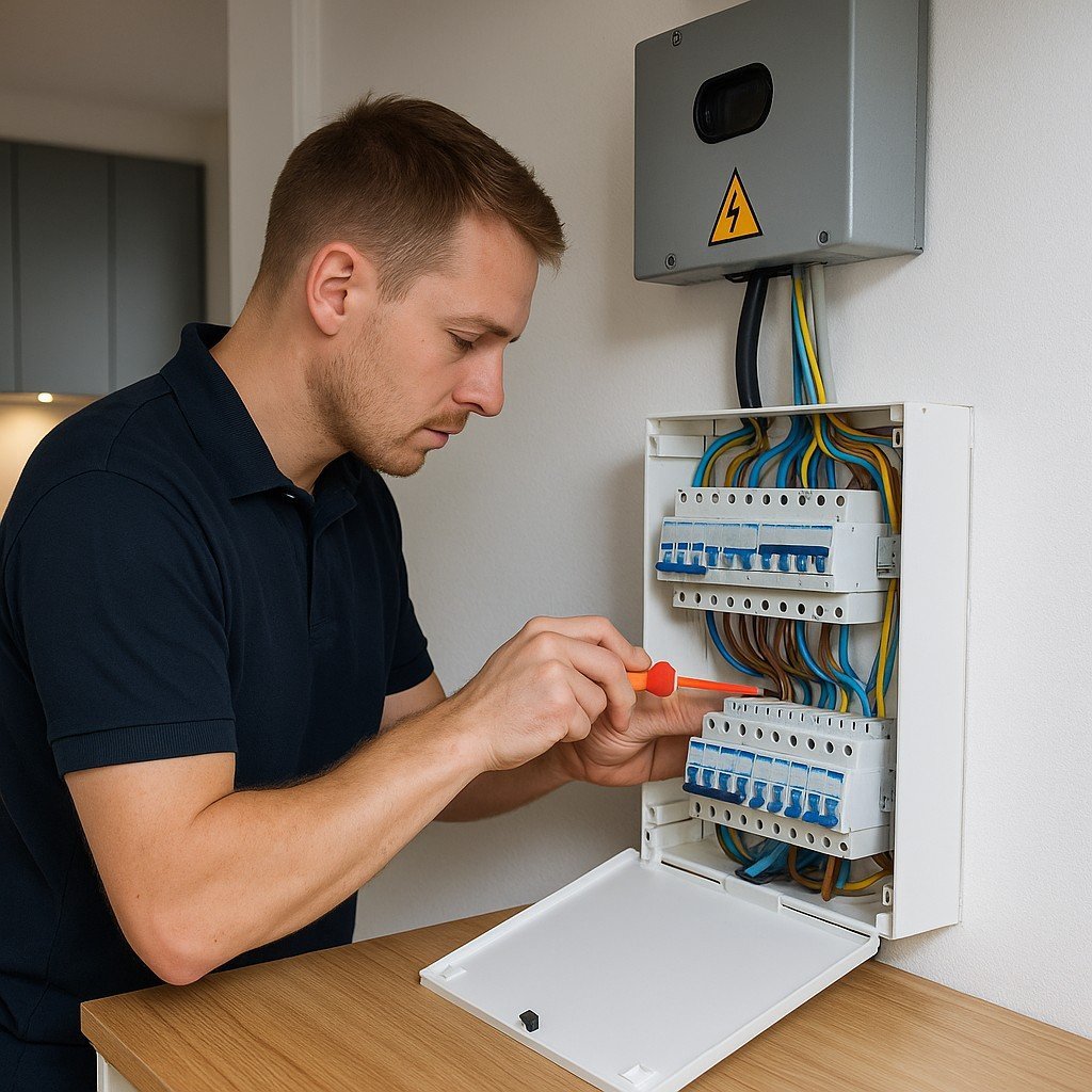 Elektricien werkt aan een moderne groepenkast in een woning.