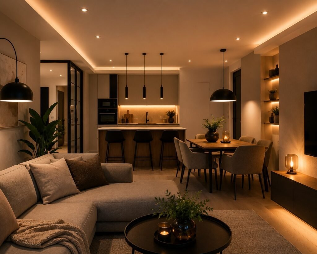Slim ingedeelde verlichting in een moderne open woonkamer en keuken in Dordrecht.