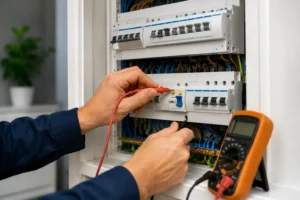 Elektricien test een aardlekschakelaar in de groepenkast om de elektrische installatie veilig en betrouwbaar te houden.