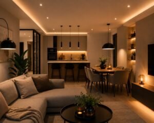 Slim ingedeelde verlichting in een moderne open woonkamer en keuken in Dordrecht.