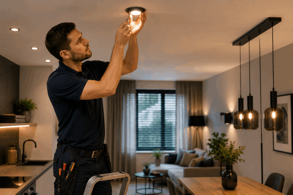 Elektricien Dordrecht optimaliseert moderne verlichting in een woning en controleert een plafondspot voor veilig en sfeervol licht.