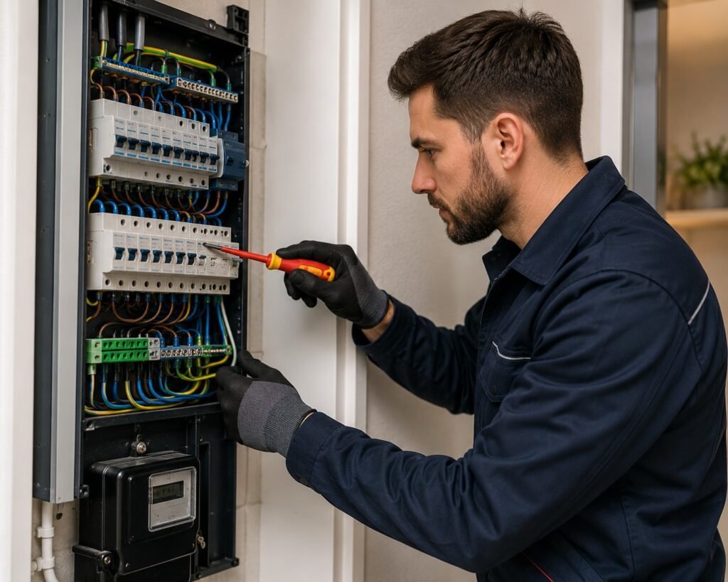 Elektricien inspecteert en moderniseert een groepenkast met moderne beveiligingen en nette bekabeling in een woning