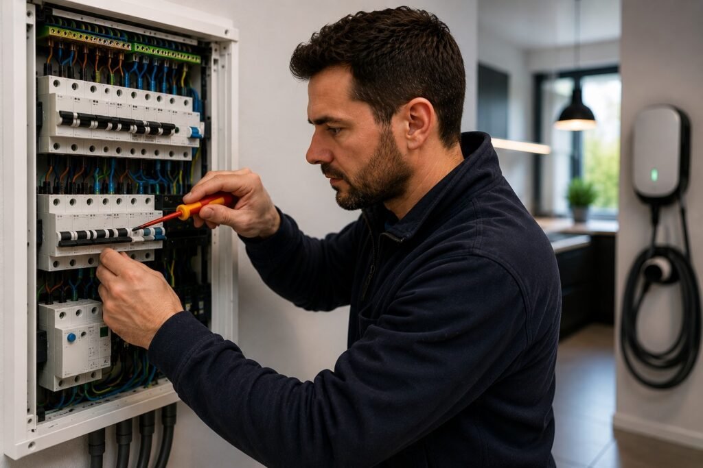 Ervaren elektricien Dordrecht inspecteert een moderne groepenkast tijdens een professionele elektrische veiligheidscontrole.