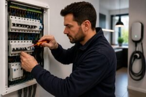 Ervaren elektricien Dordrecht inspecteert een moderne groepenkast tijdens een professionele elektrische veiligheidscontrole.