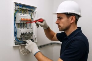 Elektricien vernieuwt en controleert de groepenkast en bedrading tijdens professionele elektricien Dordrecht werkzaamheden.