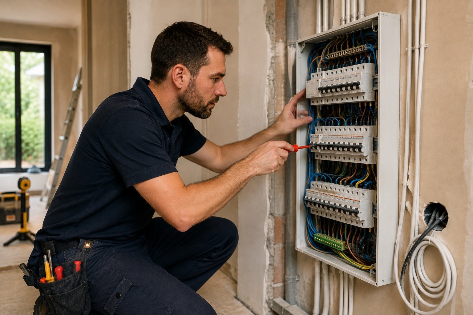 Elektricien in beschermende helm en handschoenen werkt aan een groepenkast en stelt een stroomautomaat af, passend bij veilige vernieuwing van elektra in Dordrecht.