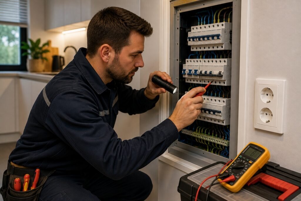 Elektricien controleert een moderne groepenkast en bedrading om kortsluiting en elektrische storingen tijdig te voorkomen.