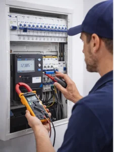Elektricien meet spanning en belasting in een moderne groepenkast met een digitale multimeter