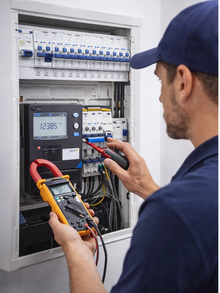 Elektricien meet spanning en belasting in een moderne groepenkast met een digitale multimeter