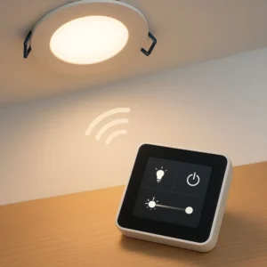 Slimme dimmer op tafel die draadloos een plafondlamp met warm licht aanstuurt