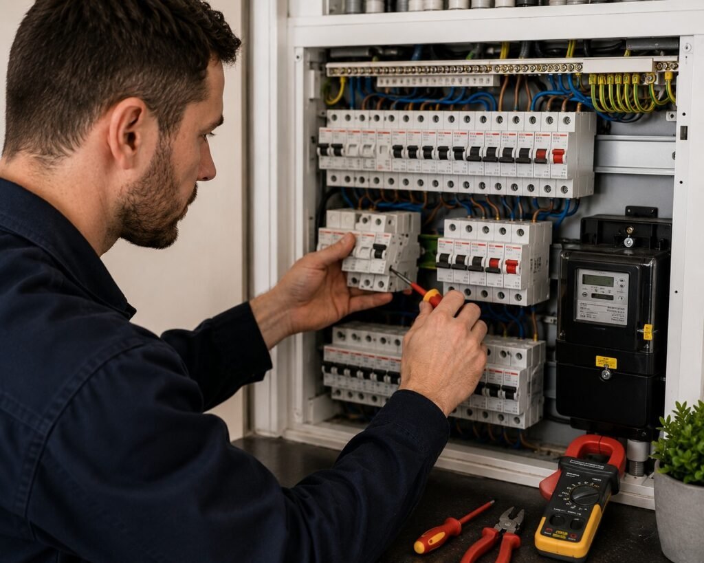 Elektricien vervangt verouderde zekeringen en controleert de aansluitingen in een groepenkast in Gorinchem.