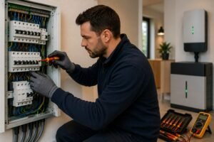 Elektricien controleert een groepenkast tijdens een professionele elektricien Gorinchem inspectie.