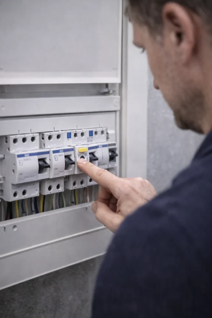 Elektricien in actie met een multimeter en de meterkast in Gorinchem.