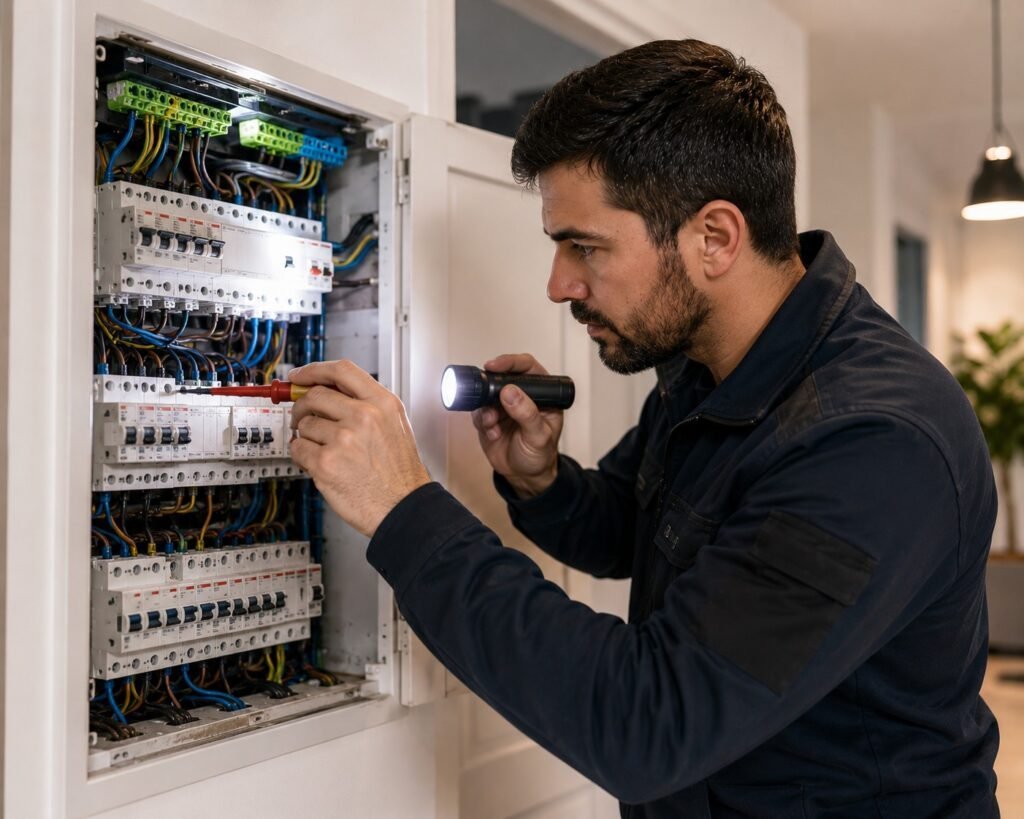 Elektricien inspecteert een geopende groepenkast en controleert bedrading en schakelaars in een moderne woning.
