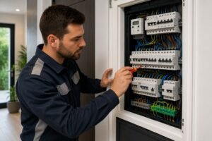 Elektricien controleert een moderne meterkast met groepen en aardlekbeveiliging voor een veilige elektrische installatie.