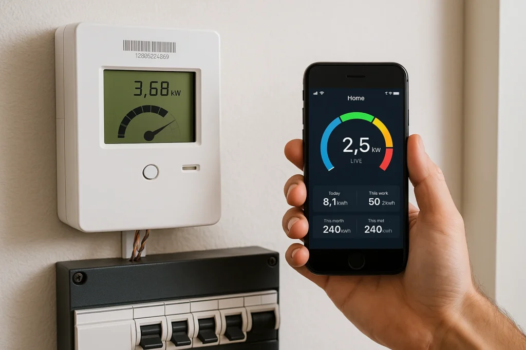 Digitale energiemeter en smartphone-app die realtime stroomverbruik tonen, gemonteerd naast een moderne groepenkast.