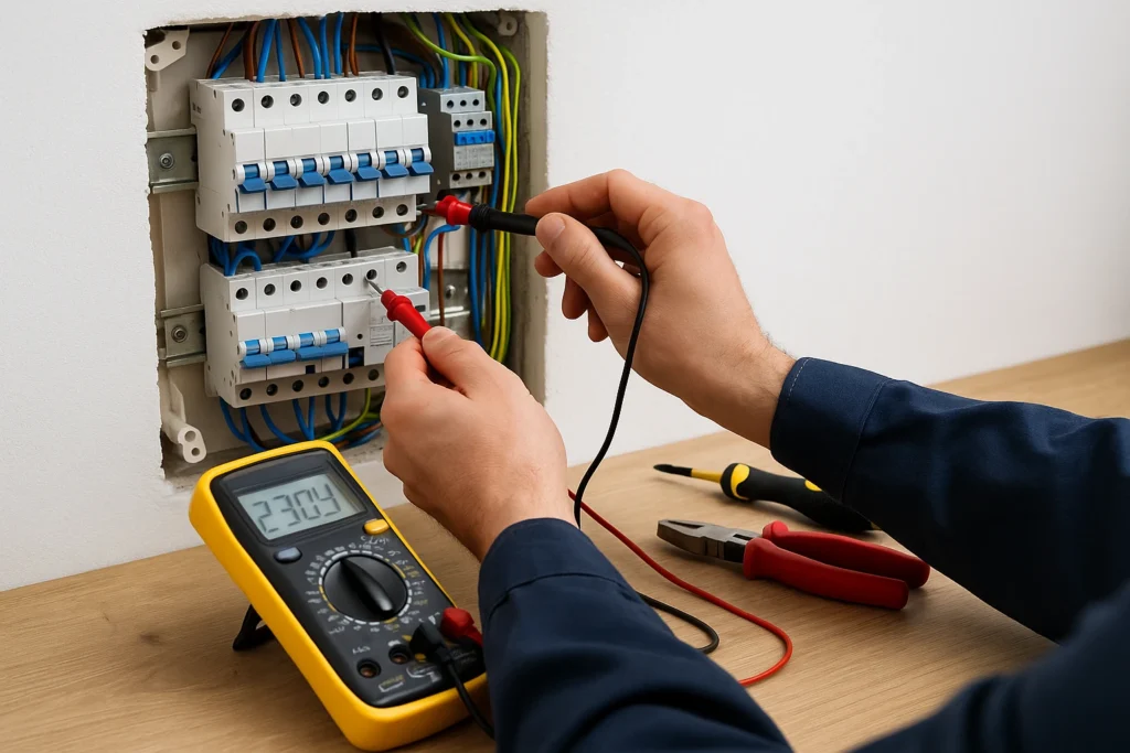 elektricien werkt aan elektrische groepenkast met meetapparatuur in moderne woning