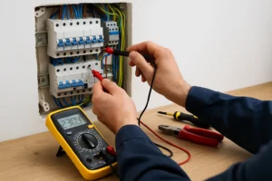 elektricien werkt aan elektrische groepenkast met meetapparatuur in moderne woning