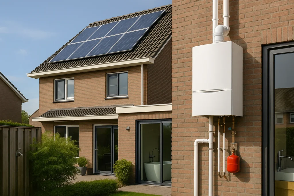 Een loodgieter met lichte huid zit voor een radiator in een badkamer, zichtbaar bezorgd terwijl hij een verstelbare moersleutel vasthoudt.