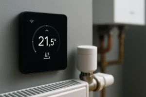 Woning met zonnepanelen en buitenopstelling cv-ketel; voorbeeld van verduurzaming aan gevel