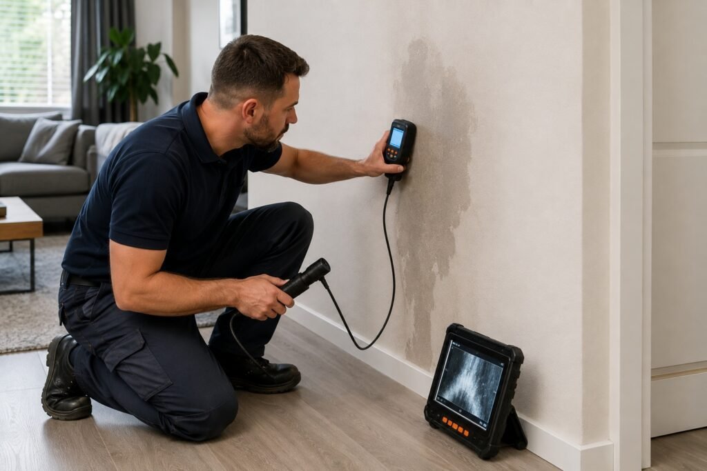 Monteur spoort een verborgen Lekkage Gorinchem op met professionele vochtmeetapparatuur.