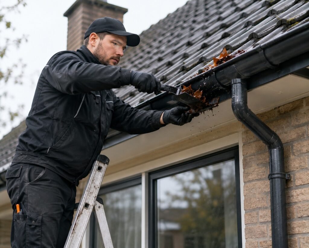 Lekkage Gorinchem specialist controleert en reinigt een verstopte dakgoot om regenwater weer veilig af te voeren en lekkages te voorkomen.