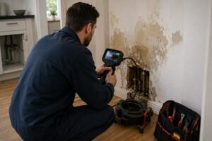 Monteur voert lekdetectie uit met professionele meetapparatuur om een verborgen lekkage zonder onnodig hak en breekwerk op te sporen.