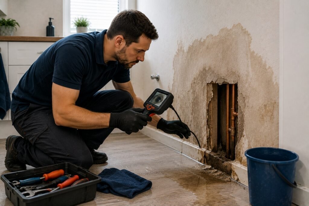 Loodgieter voert professionele lekdetectie uit bij een vochtige muur om een waterlekkage snel op te sporen en verdere waterschade te voorkomen.