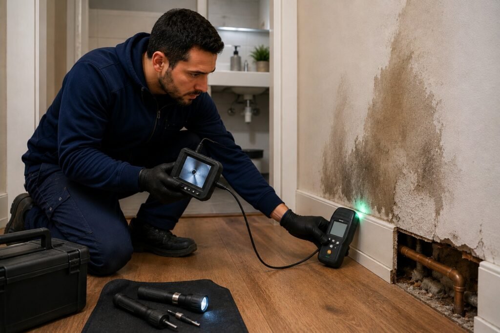 Monteur voert professionele lekdetectie uit bij een vochtige muur voor lekkage Gorinchem.