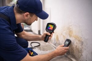 Loodgieter voert professionele lekdetectie uit bij een vochtige muur om een waterlekkage snel op te sporen en verdere waterschade te voorkomen.