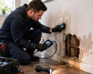 Loodgieter controleert een vochtige muur met lekdetectieapparatuur bij een verborgen waterlekkage in een woning.