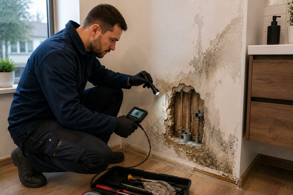 Loodgieter onderzoekt vochtplekken en lekkage bij open leidingwerk in een woning.
