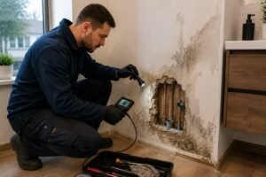 Loodgieter onderzoekt vochtplekken en lekkage bij open leidingwerk in een woning.
