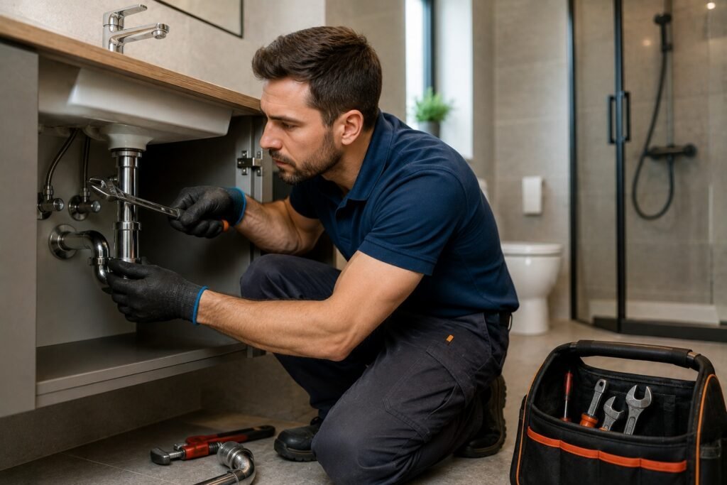 Loodgieter voert professioneel onderhoud uit aan de leidingen en sifon onder een badkamerwastafel om het sanitair in optimale conditie te houden.