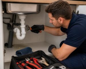 Loodgieter repareert een lekkende afvoeraansluiting onder een moderne keuken spoelbak met professioneel gereedschap.
